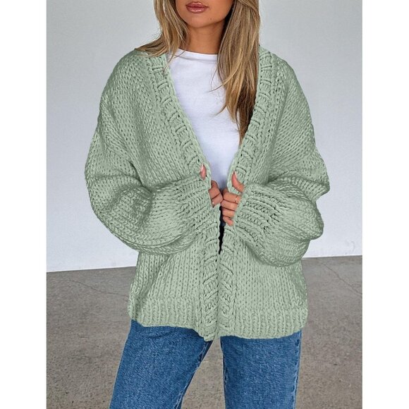 Womens Trendy Cardigan Sweaters Sage Green Long Sleeve Chunky Knit Outfits - Picture 6 of 8
